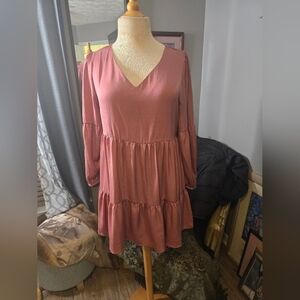 Cynthia Rowley Boho Dusty Rose Tiered V-Neck Long-Sleeve Dress